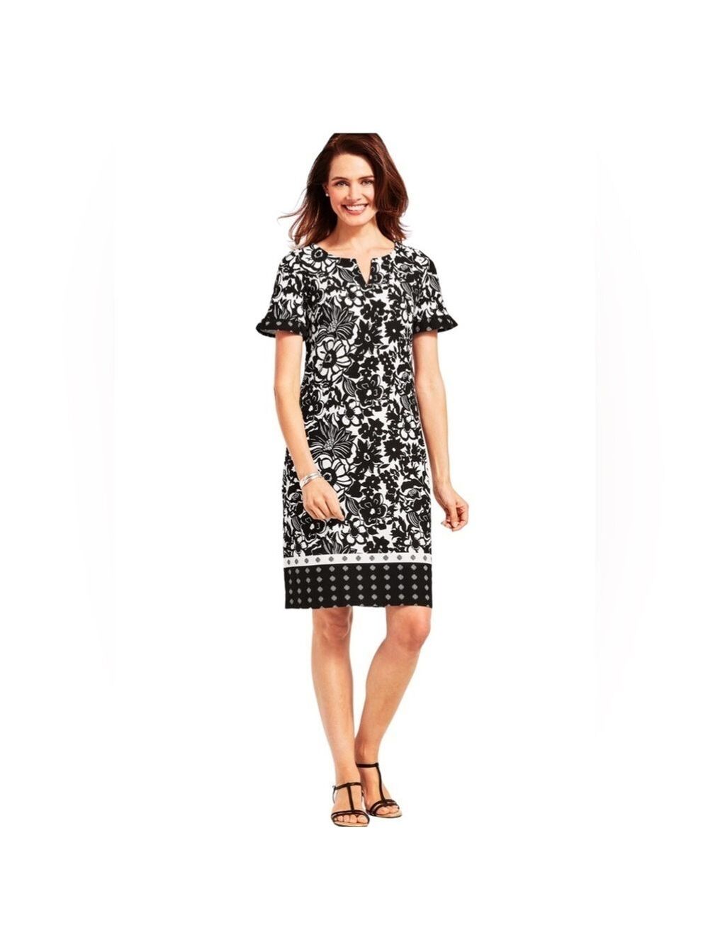 Talbots Womens Abstract Floral Chic Shift Dress Large Black White Cotton Office
